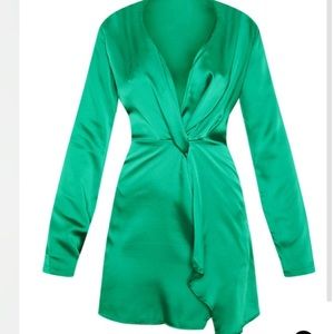 Green Paisley Long Sleeve Satin Wrap Dress